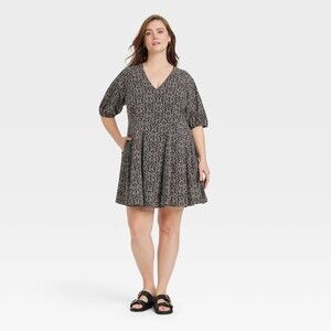 Bell Elbow Sleeve Mini A-Line Dress - Black Floral XXL Cottagecore Summer